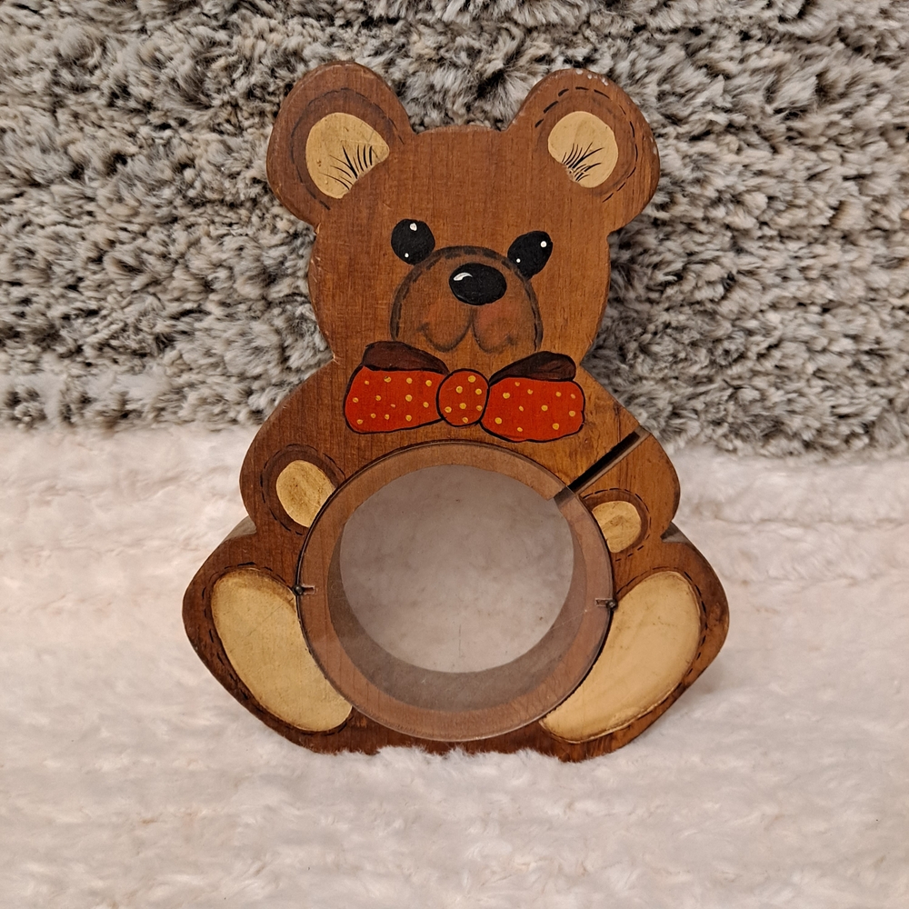 Artisan Vintage Handcrafted Wooden Teddy Bear Coin Bank W/acrylic Circular Belly